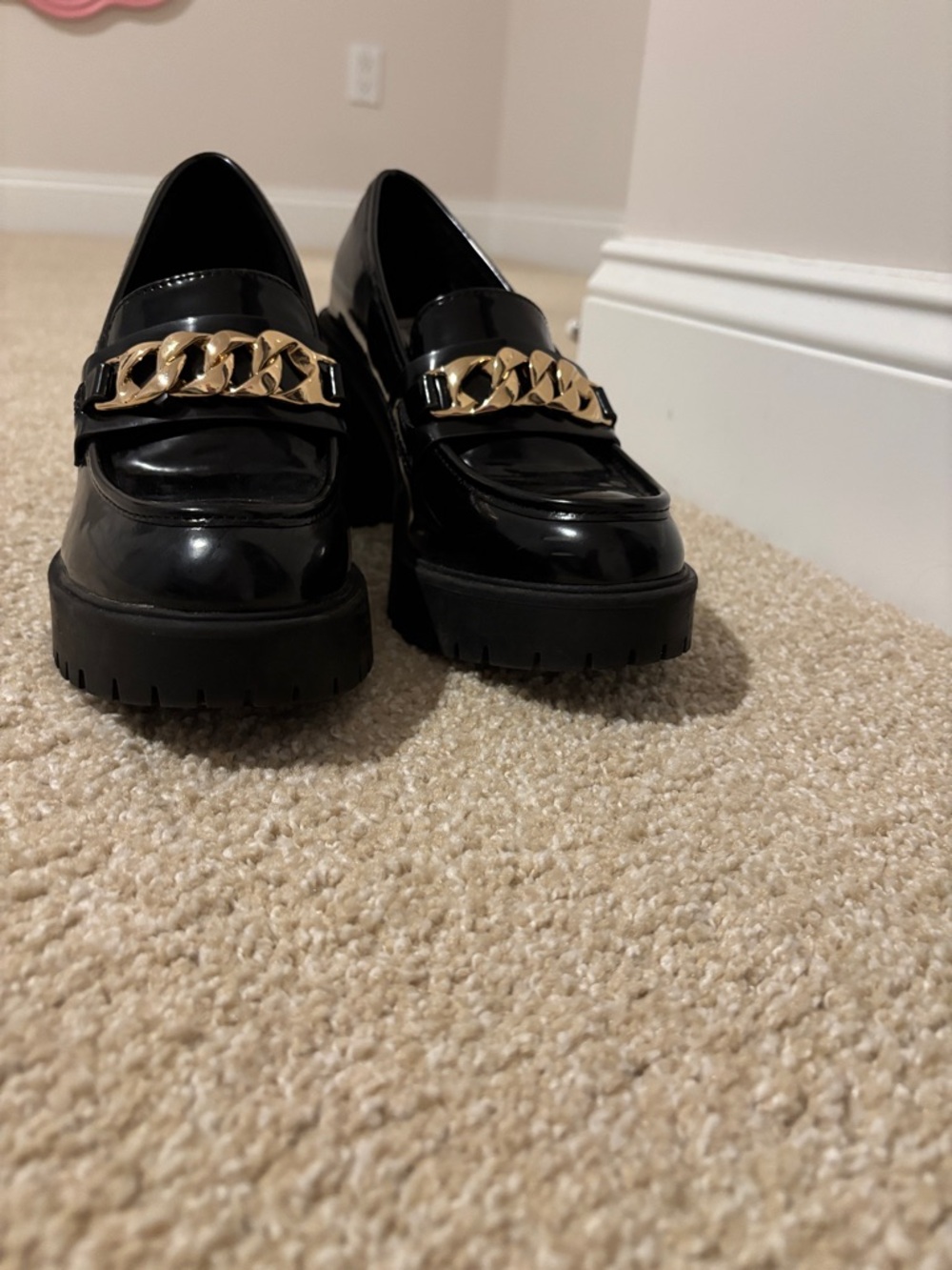 Steve Madden Black Patent Loafers with Gold Chain Detail